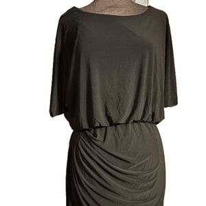 Karina poly blend black dress sz12-14 "goddess sleeves" flattering runch @ waist